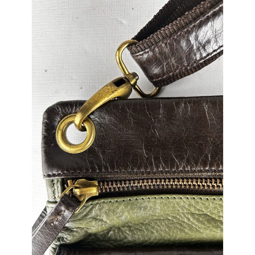 Americana by Sharif Vintage Army Green & Brown Leather Crossbody Gold Lions Gate - Picture 5 of 11